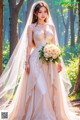 A woman in a wedding dress holding a bouquet of flowers.